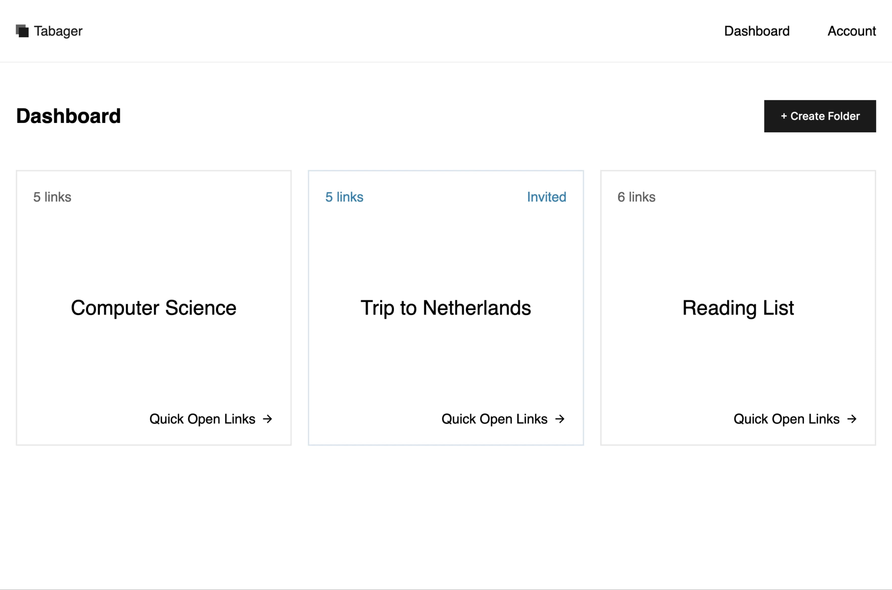 An interface of the tab manager application showing the user's dashboard with multiple folders: Computer Science, Trip to Netherlands, and Reading List