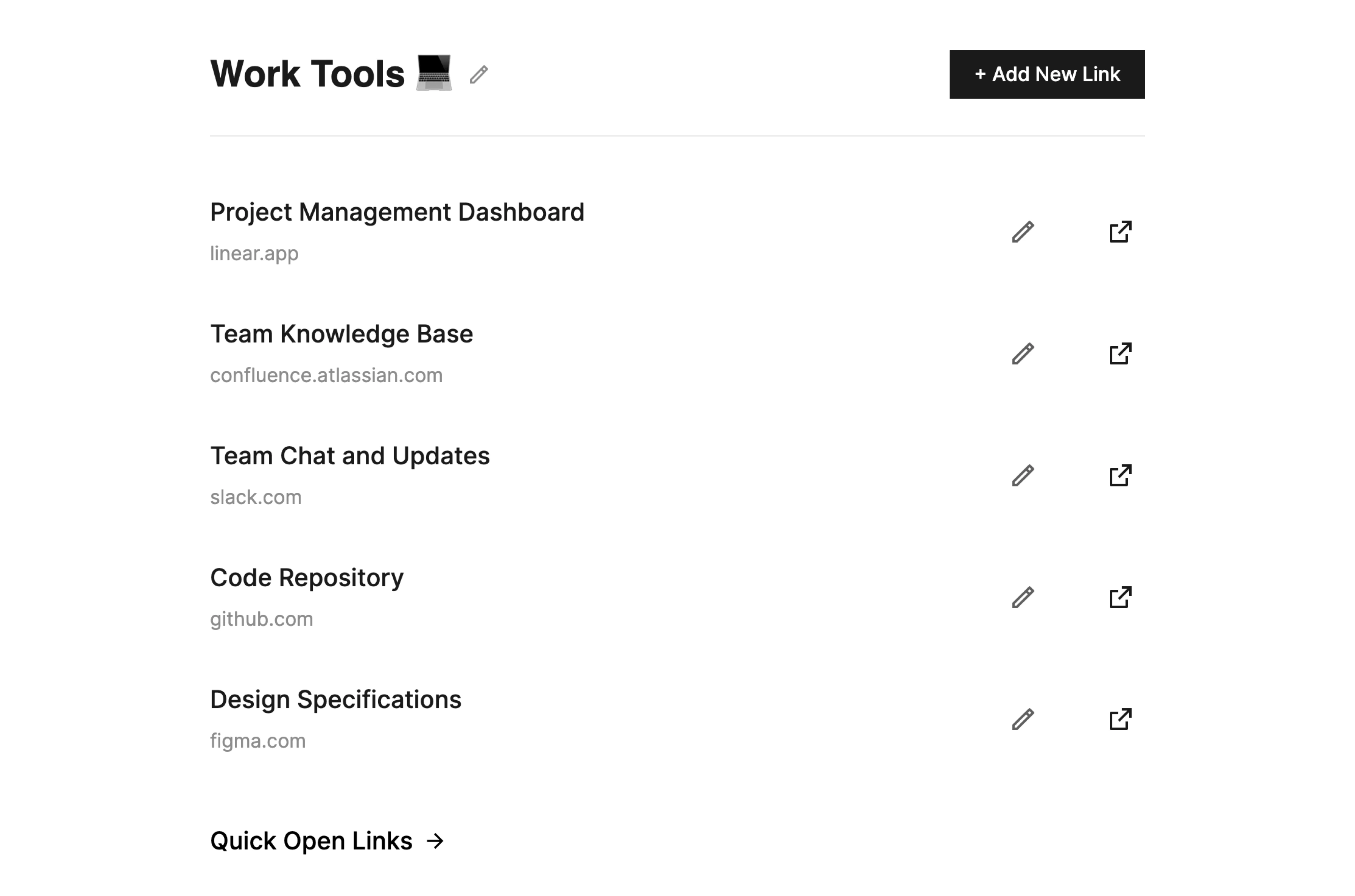 A details screen for the "Work Tools" folder showing the list containing Project Managment Dashboard, Team Knowledge Base, Team Chat and Updates, Code Repository, and Design Specifications tabs