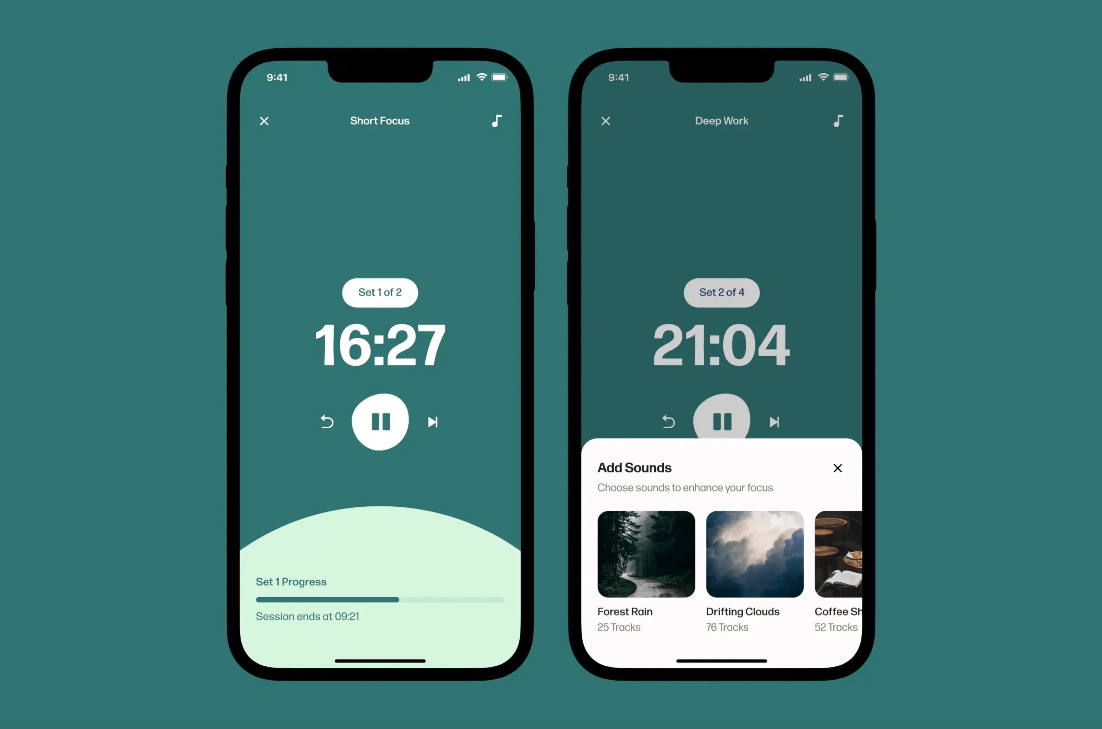 An interface of the Drift iOS App showing the focus in progress screen with the timer