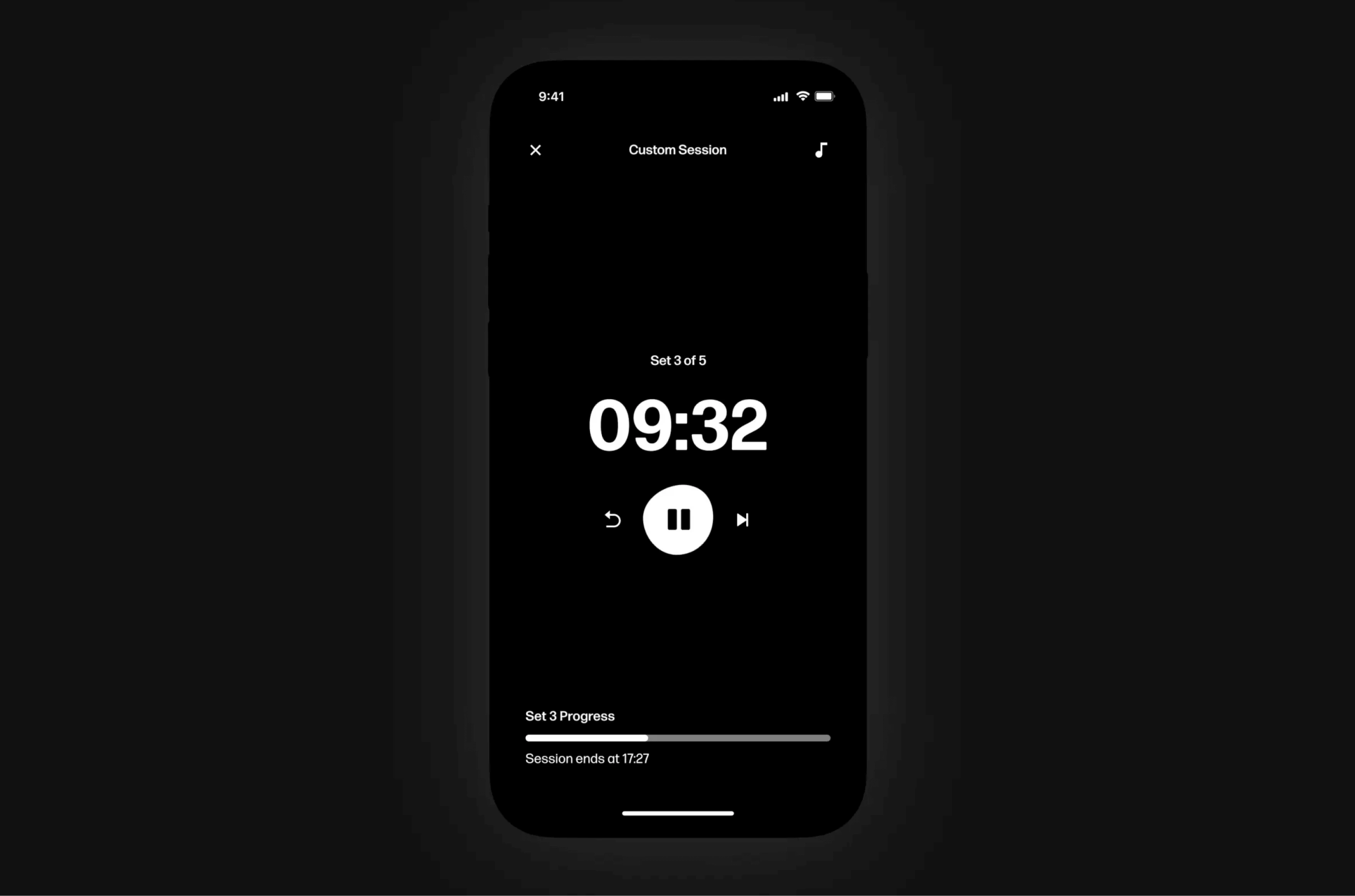 An interface of the Drift iOS App showing a darkened focus in progress screen with the timer